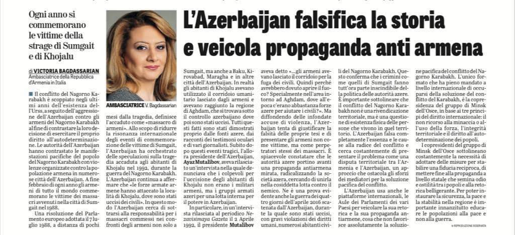 «Ադրբեջանը կեղծում է պատմությունը և շրջանառության մեջ է դնում հակահայկական քարոզչությունը»․ դեսպան Վիկտորյա Բաղդասարյանի հոդվածը La Verita օրաթերթում