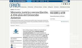 &ldquo;El Universal&rdquo; պարբերականում լույս է տեսել դեսպան Արա Այվազյանի &laquo;Հիշողություն, արդարություն և հաշտեցում, Հայոց ցեղասպանության 104-րդ տարելիցի առթիվ&raquo; խորագրով հոդվածը