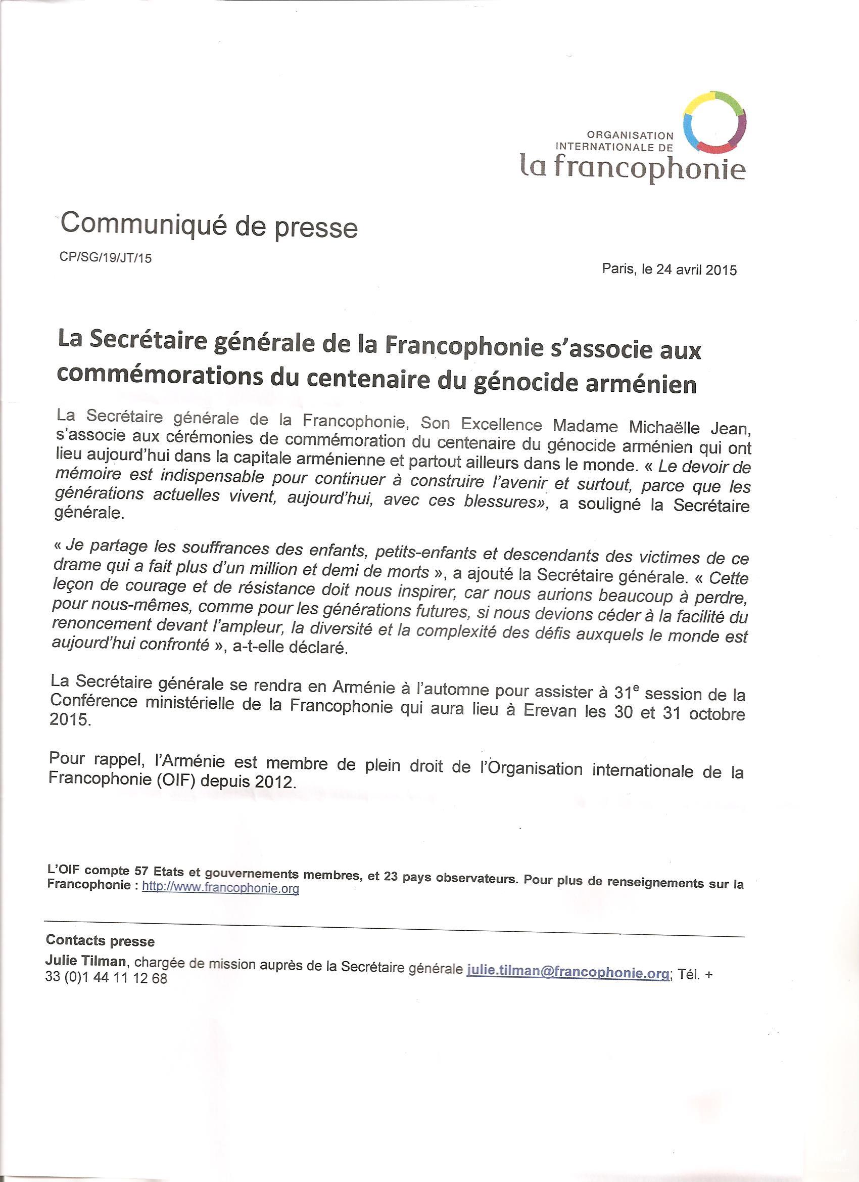 La Secrétaire générale de la Francophonie s’associe aux commémorations du centenaire du génocide arménien