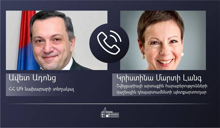 Phone conversation of Deputy Foreign Minister Avet Adonts and Krystyna Marty Lang, the acting State Secretary of the Swiss Federal Department of Foreign Affairs