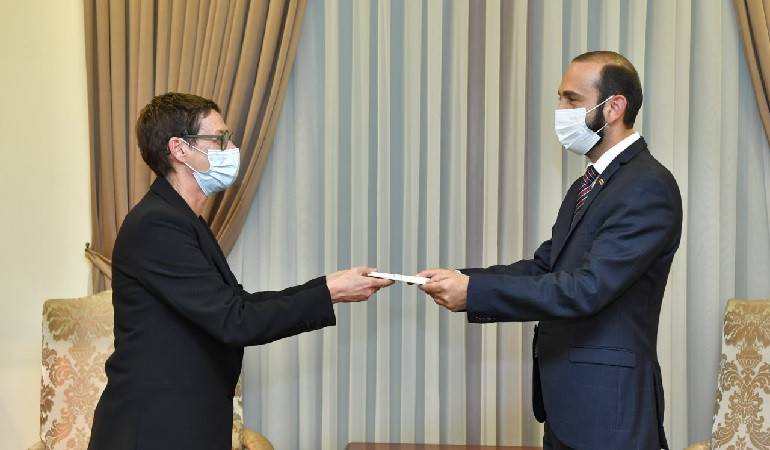 Newly appointed Ambassador of France to Armenia Anne Louyot presents copies of credentials to Foreign Minister of Armenia Ararat Mirzoyan